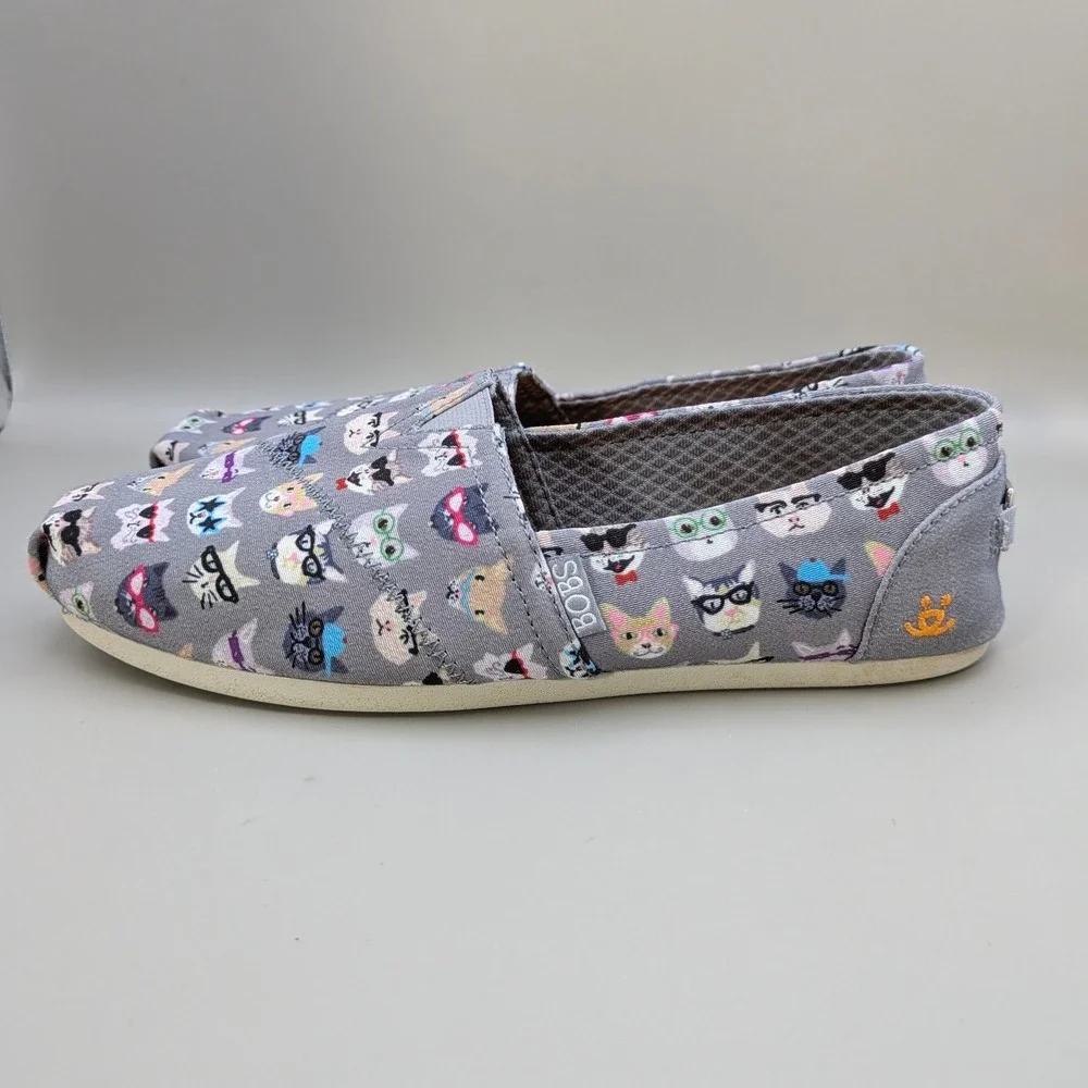 Skechers BOBS for Cats Gray Multi Glasses Cat Print Slip On Flats Womens 8.5